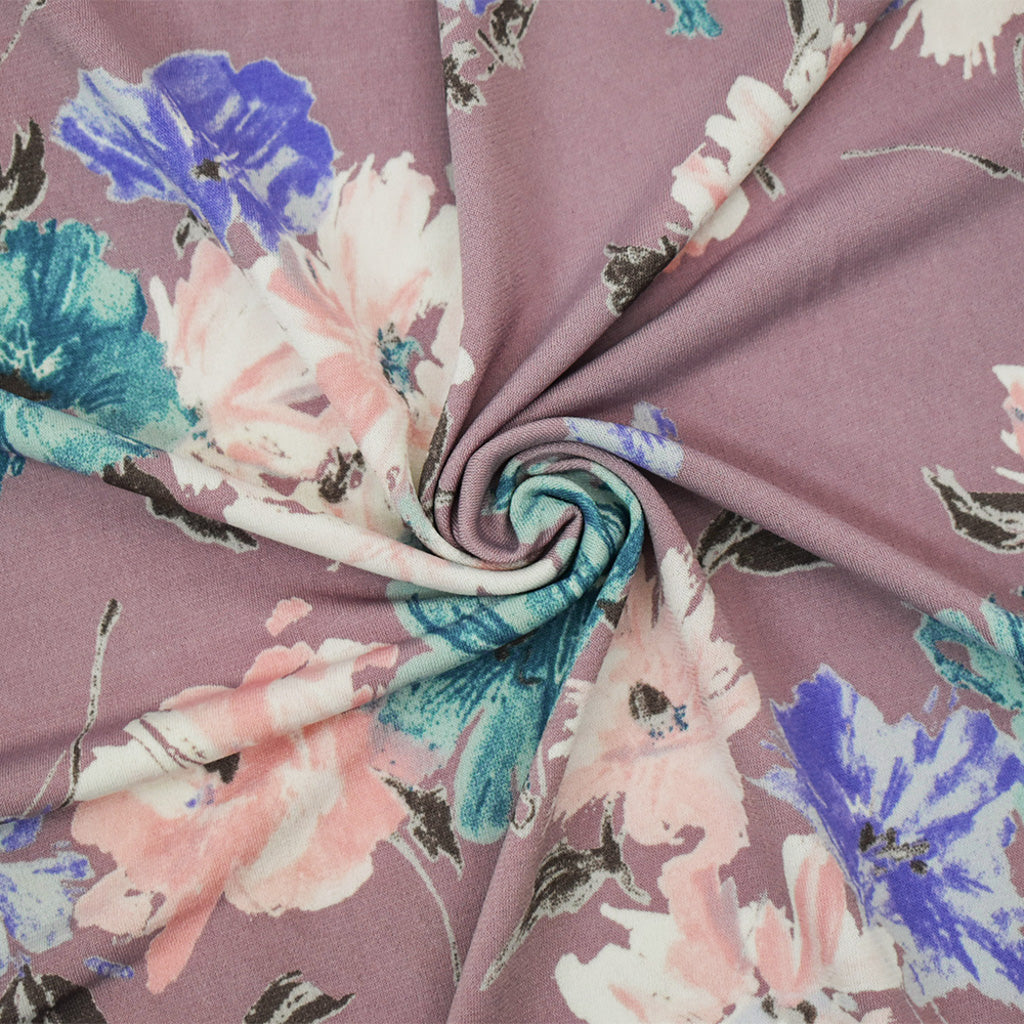1 Yard Soft Mauve & Blue Floral Knit Stretchy, Lightweight, Perfect for Modern Styles, 58 Inches Wide