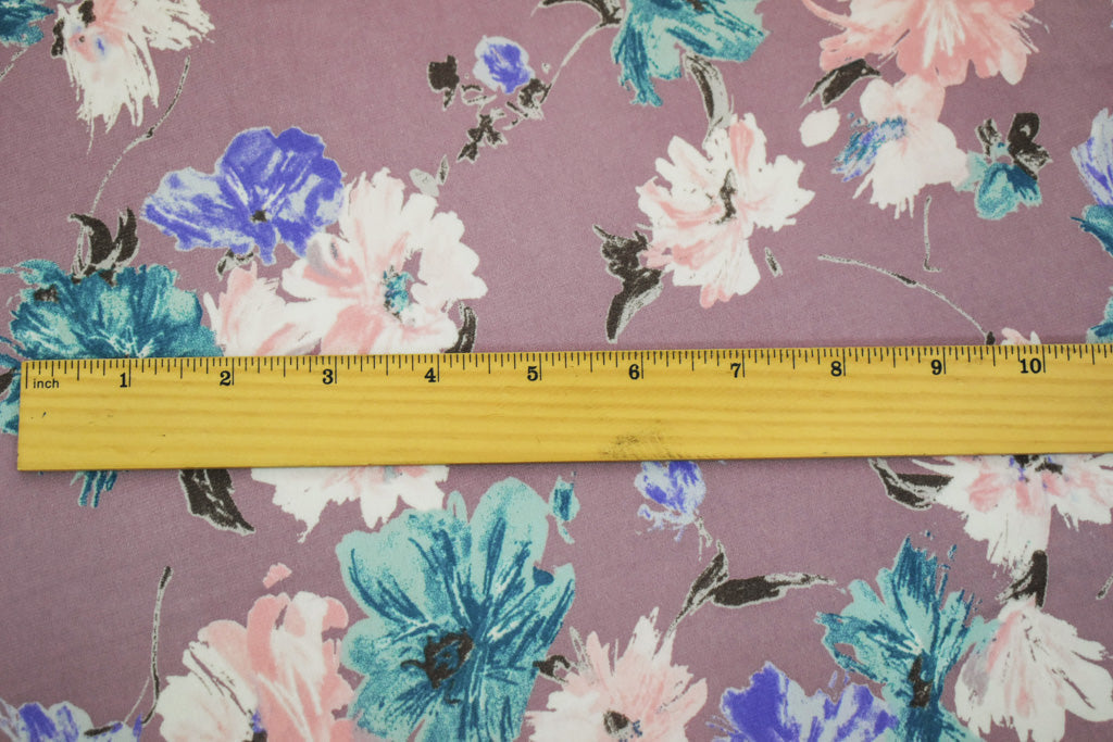 1 Yard Soft Mauve & Blue Floral Knit Stretchy, Lightweight, Perfect for Modern Styles, 58 Inches Wide