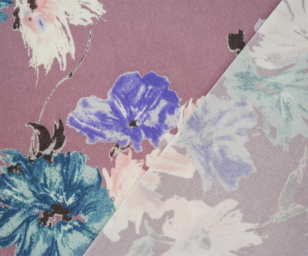 1 Yard Soft Mauve & Blue Floral Knit Stretchy, Lightweight, Perfect for Modern Styles, 58 Inches Wide