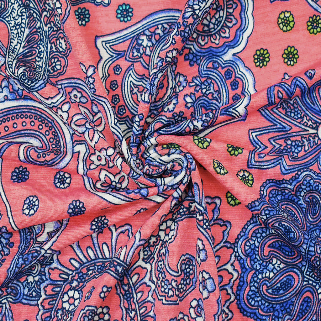 1 Yard Luxe Coral Pink and Blue Baroque Fabric Smooth with Ornate Design for Statement Apparel, 61 Inches Wide