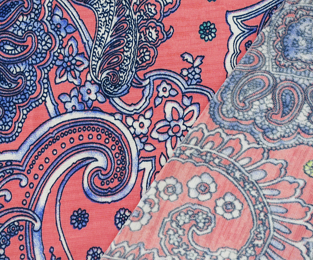 1 Yard Luxe Coral Pink and Blue Baroque Fabric Smooth with Ornate Design for Statement Apparel, 61 Inches Wide