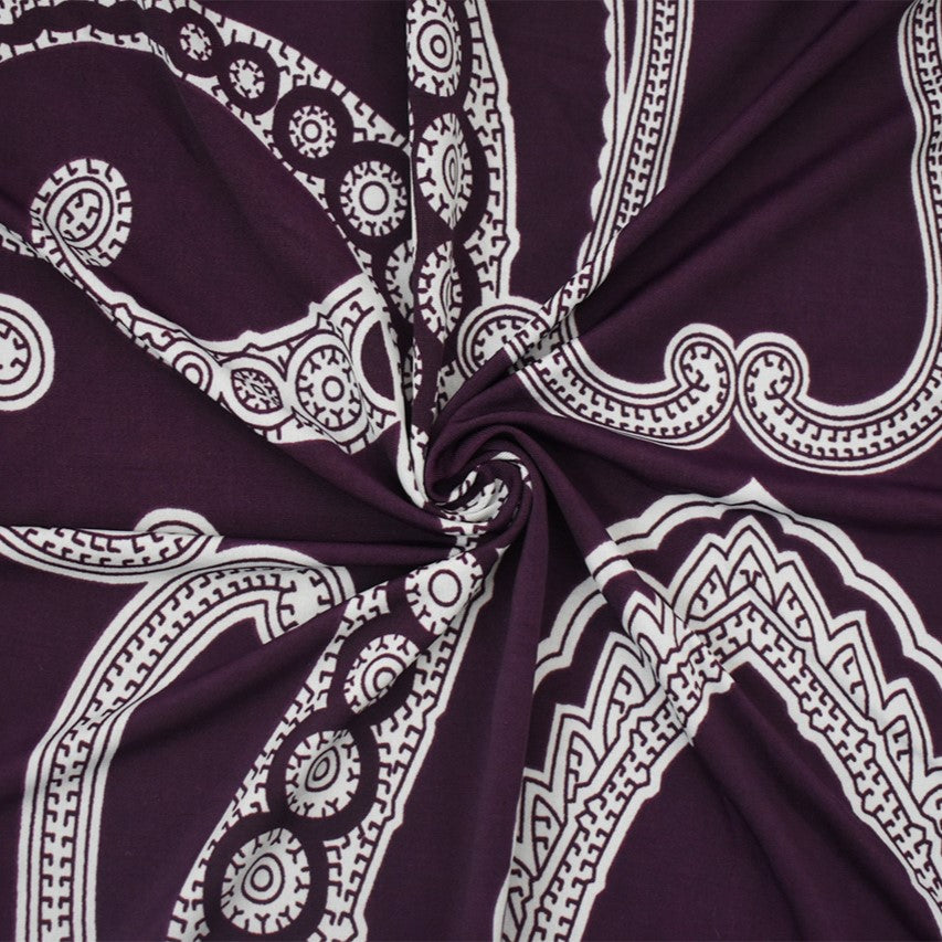 1 Yard Purple White Baroque Printed Tricot Knit Fabric with Four Way Stretch and Matte Finish 58 Inches Wide