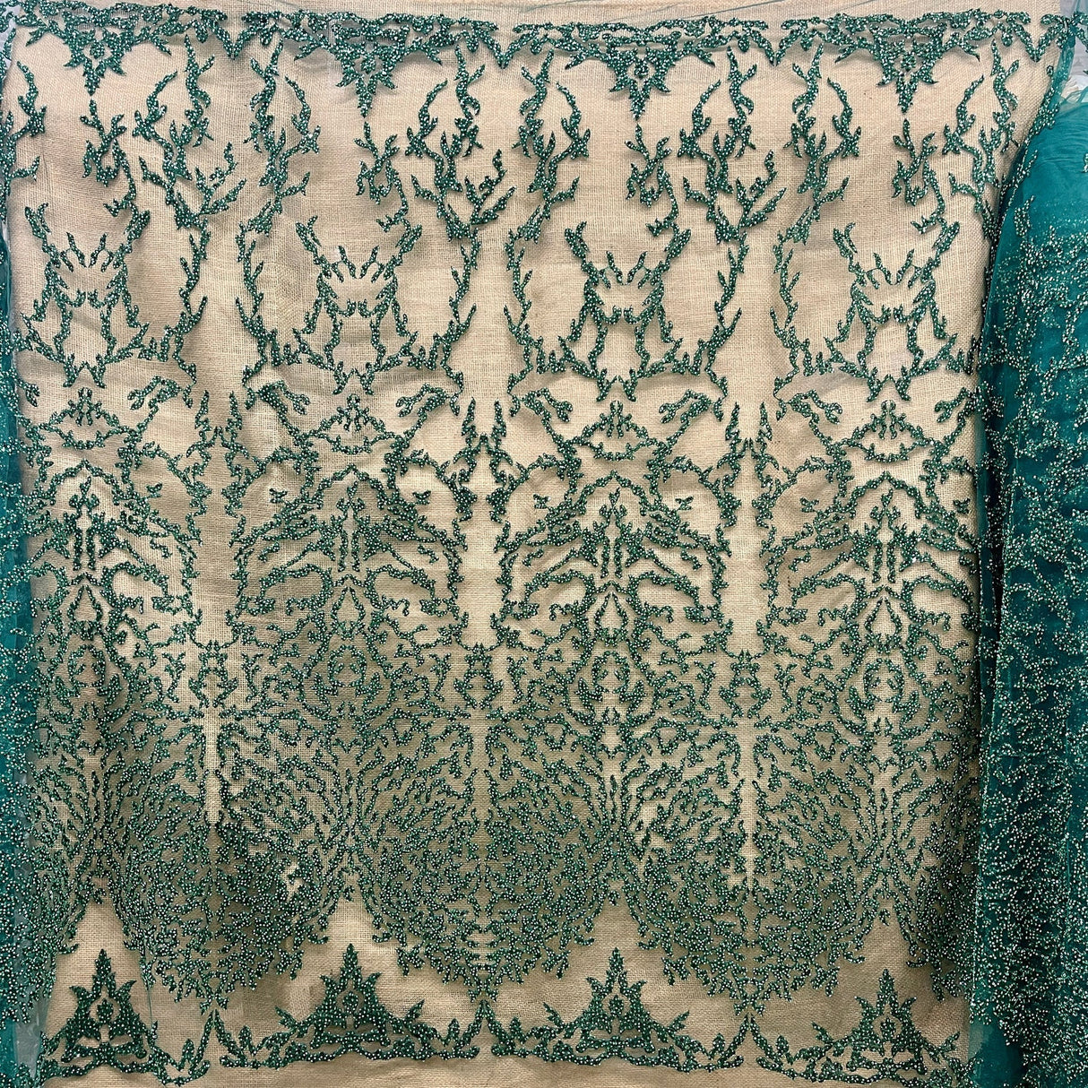 1 Yard Rose Gold Beaded Lace Fabric, Embroidered Polyester Mesh, 52" Wide,