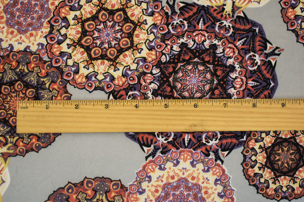 1 Yard Gray Coral Multi Nylon ITY Jersey Knit Fabric with Medallion Art Print Four Way Stretch 59 Inches Wide