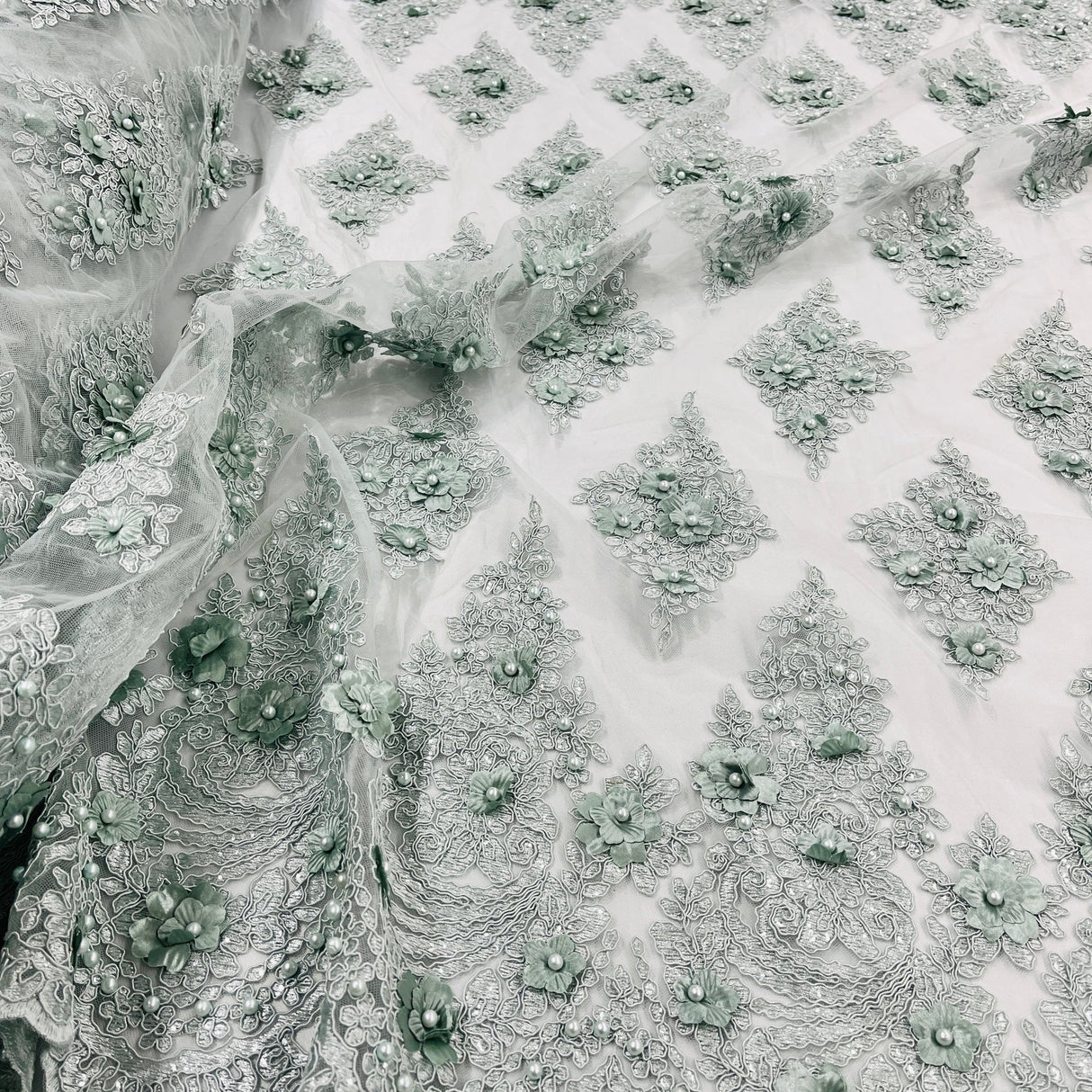 1 Yard Wine Beaded 3D Floral Lace Fabric Embroidered Polyester Net Mesh 51 Inch Width