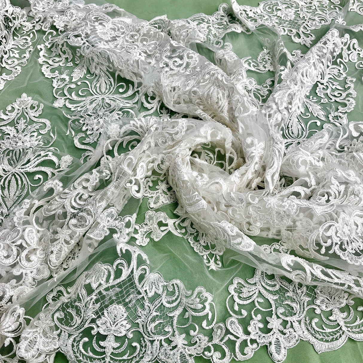 1 Yard Ivory Beaded & Corded Lace Fabric on 100% Polyester Mesh, 51" Wide Embroidered Net Lace for Apparel & Decor