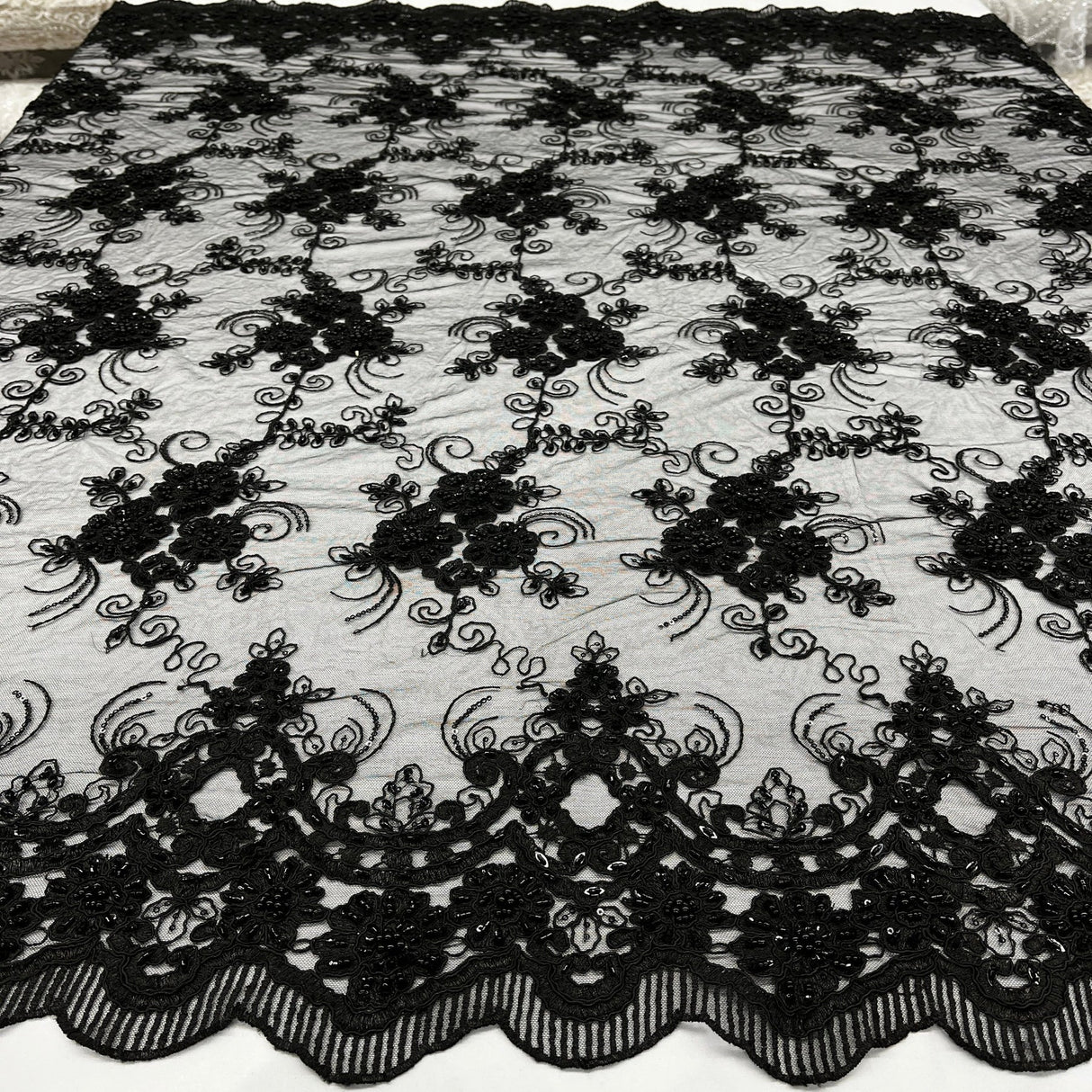 1 Yard Elegant Beaded and Corded Bridal Lace Fabric on Polyester Net Mesh 51" Width