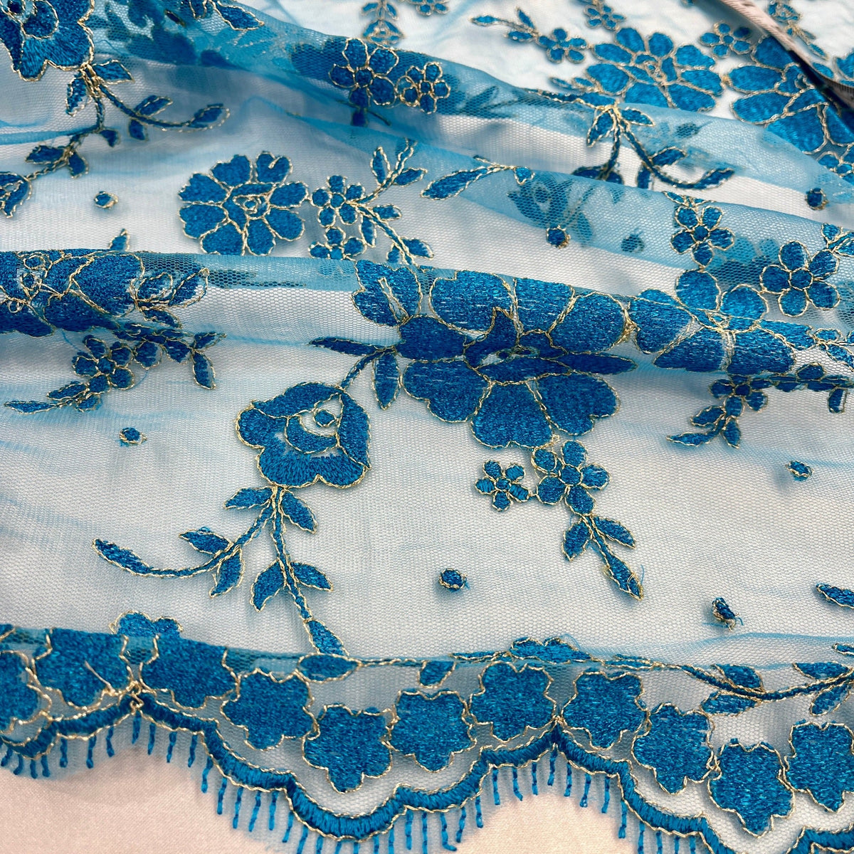 1 Yard Elegant Floral Embroidered Lace Fabric on Polyester Mesh, 52" Wide