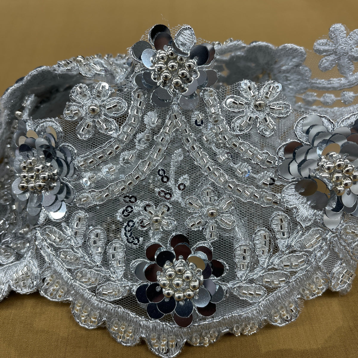 1 Yard Elegant Beaded & Corded Floral Lace Trim on Soft 100% Polyester Mesh