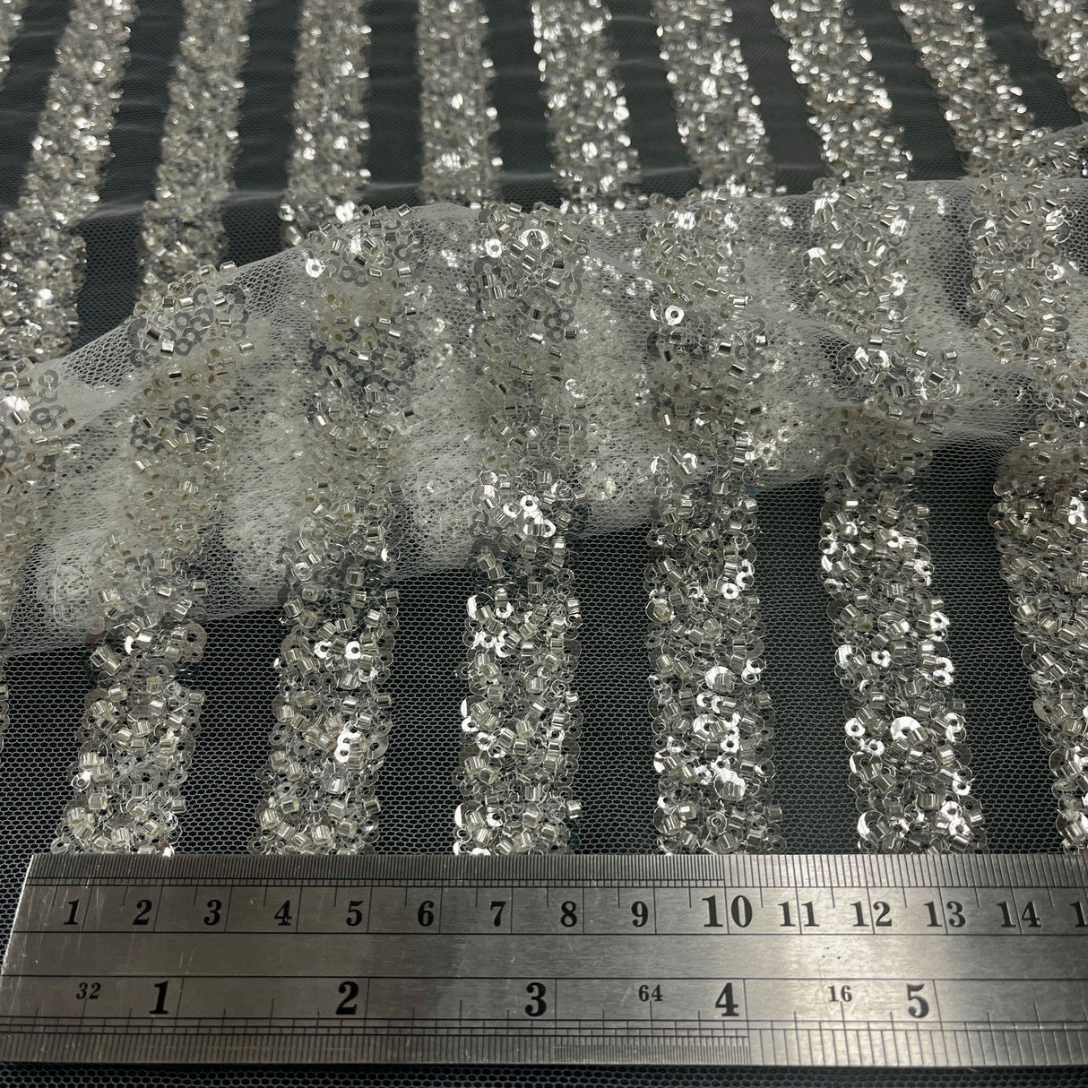 1 Yard Blush Beaded Lace Embroidered Fabric on Polyester Mesh, 54" Wide,