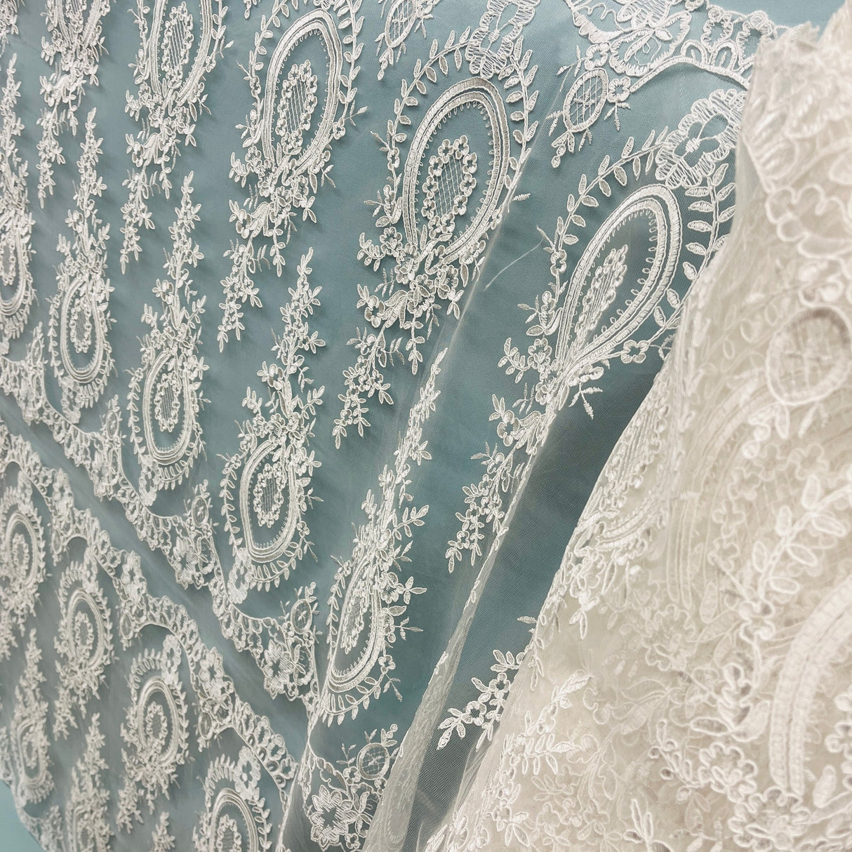 1 Yard Elegant White Corded Bridal Lace Fabric on 100% Polyester Net Mesh 48 inch Width