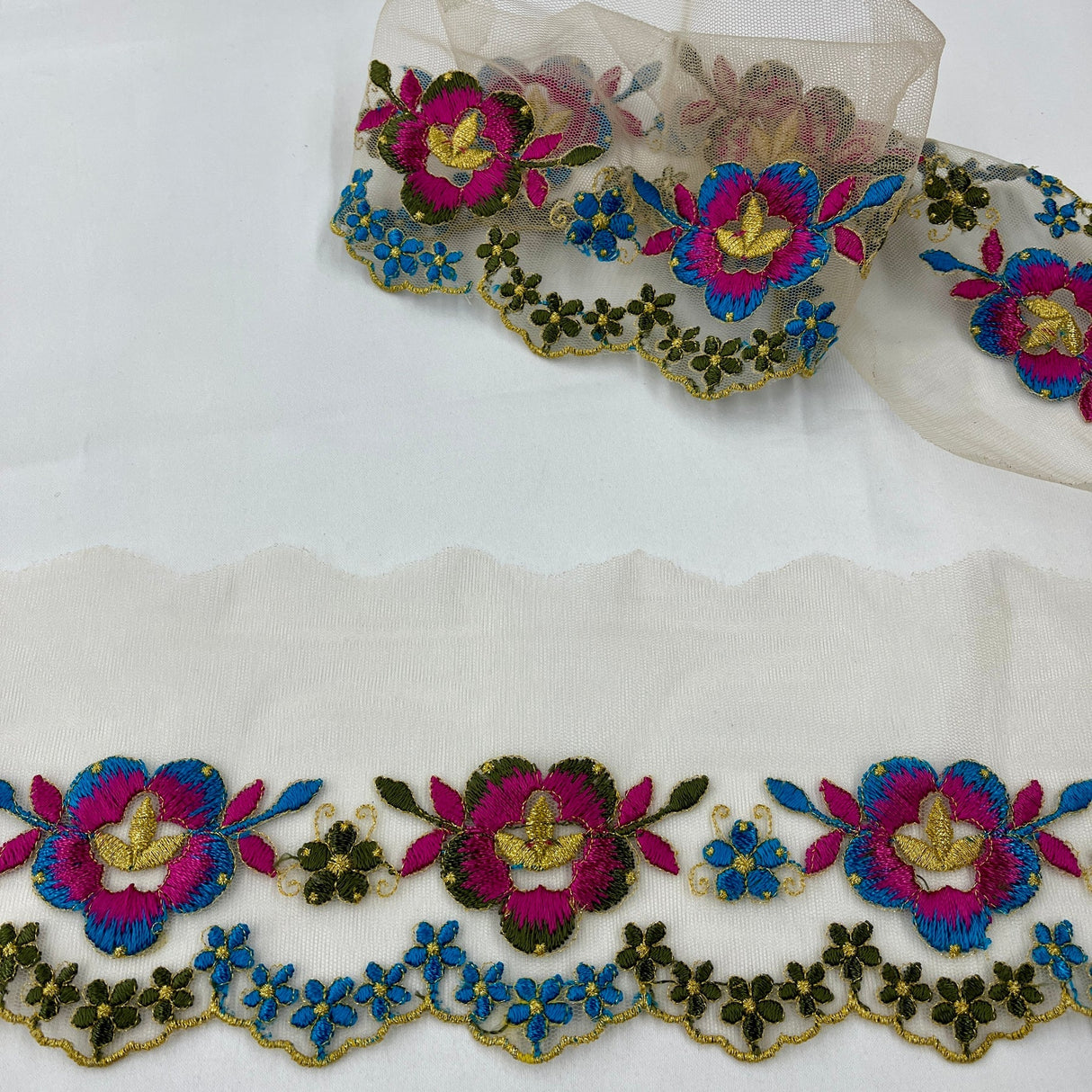 1 Yard Colorful Floral Lace Trimming on Net Mesh – 2.5" Wide | Handmade Embroidered Trim for Dresses & Costumes