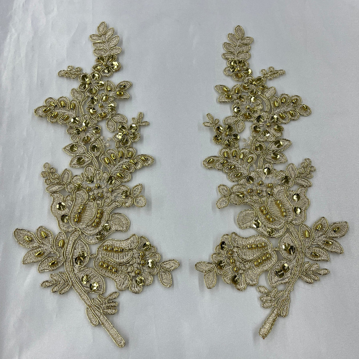 1 Pair 12" x 3.5" Beaded & Corded Floral Lace Applique 100% Polyester Net Mesh