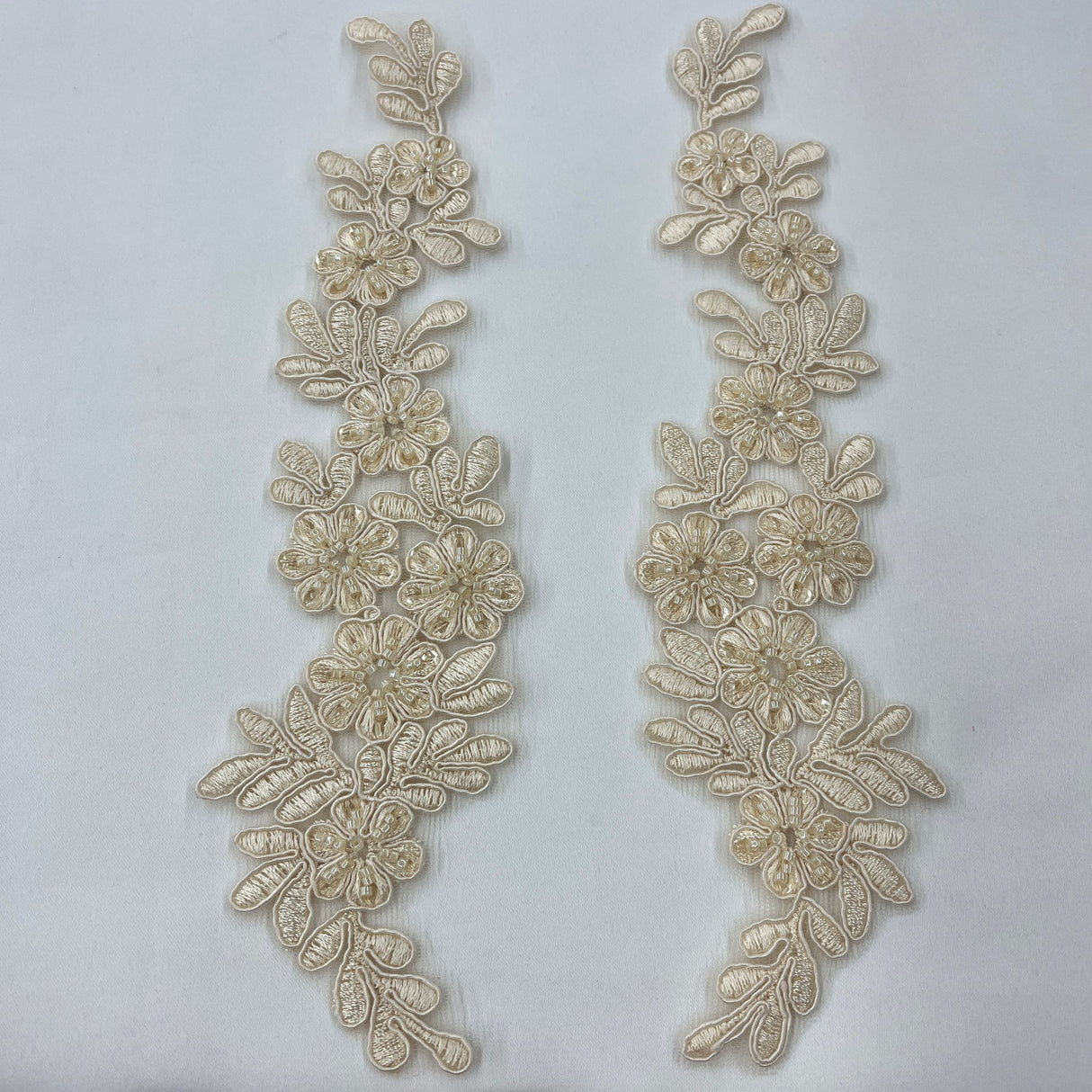 1 Pair 9.5" x 2" Each Side Beaded & Corded Floral Lace Applique Embroidered on 100% Polyester Net Mesh