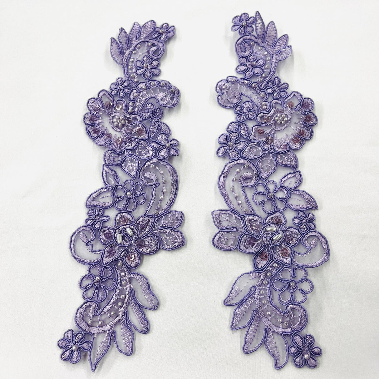 1 Pair 10" x 3" Each Side Beaded & Corded Floral Lace 100% Polyester Organza