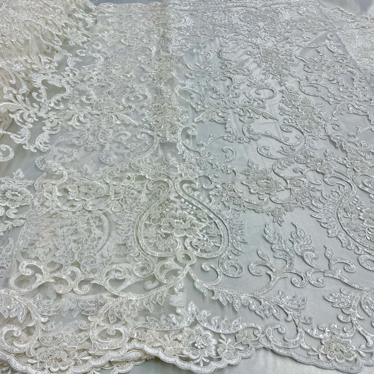 1 Yard Beaded & Corded Embroidered Bridal Lace Fabric on Mesh, Polyester, 54" Wide,
