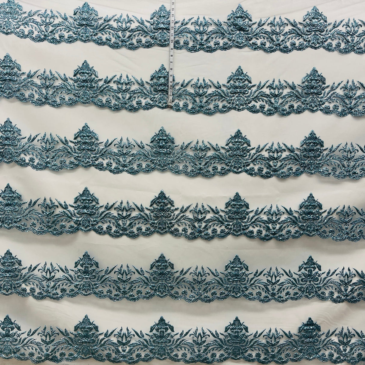 1 Yard Turquoise Glitter Mesh Fabric Ornate Floral Design 55 Inch Width