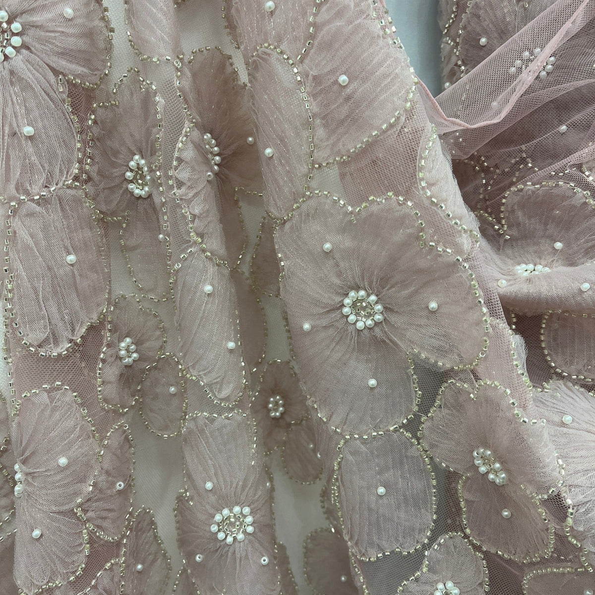 1 Yard 52" Wide Beaded 3D Floral Lace Fabric Embroidered on 100% Polyester Net Mesh