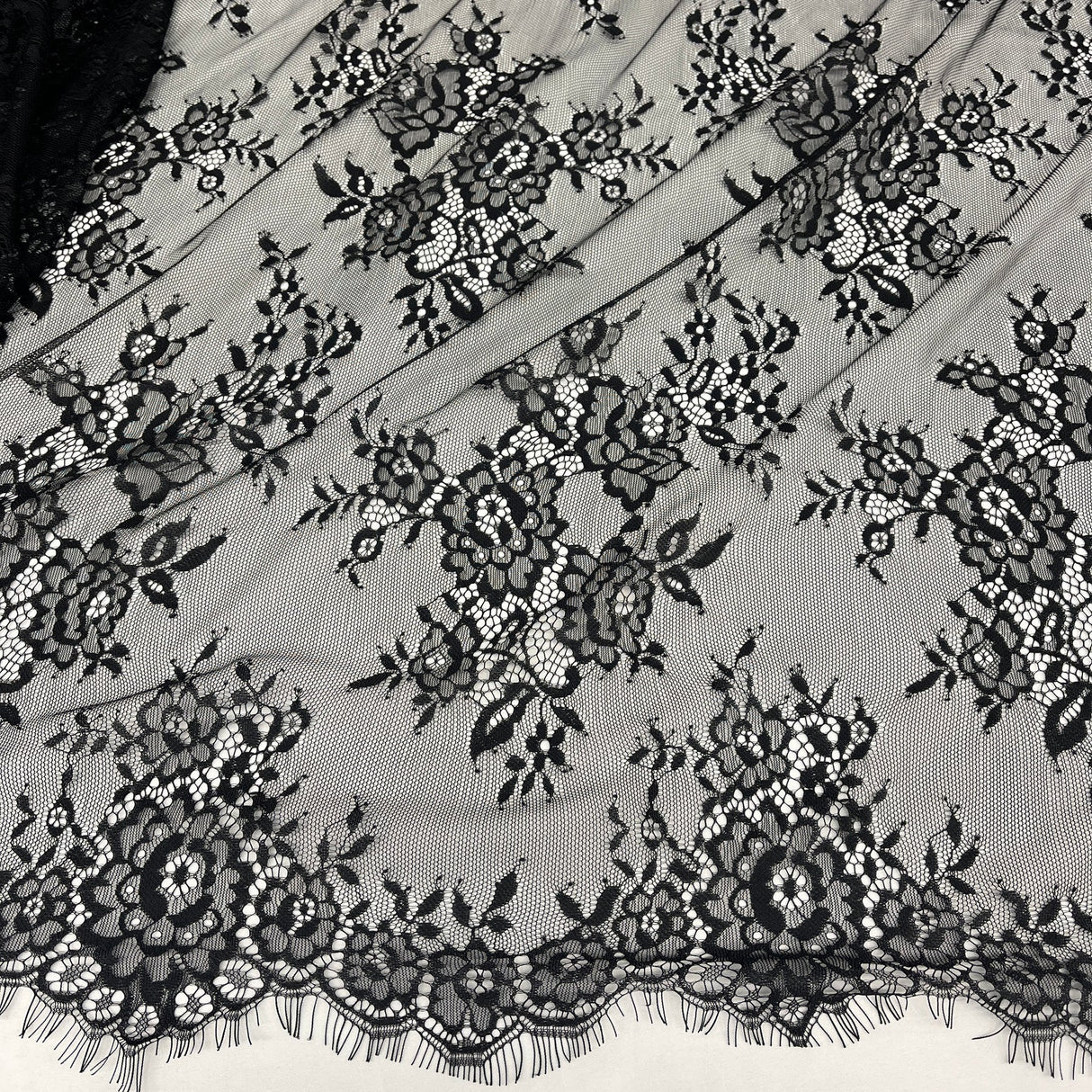 1 Yard Chantilly Embroidered Lace Fabric with Eyelash Scallop, 58" Wide French Alençon Lace for Bridal & Evening Dresses