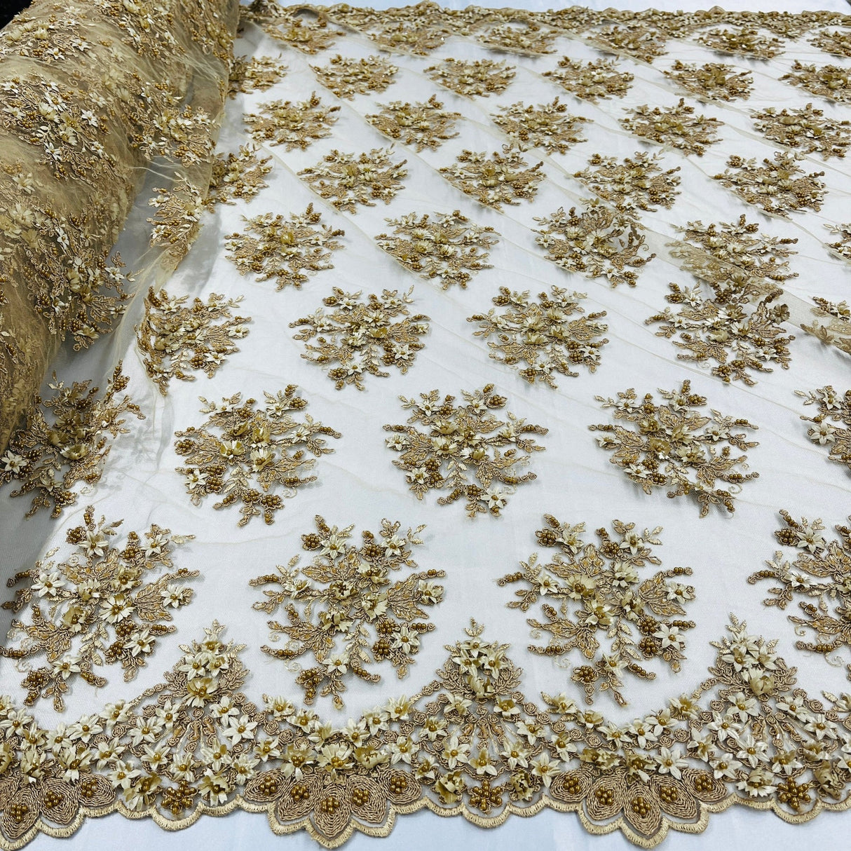 1 Yard Whimsical Pink Beaded 3D Floral Lace Fabric on Net Mesh 50 inch Width
