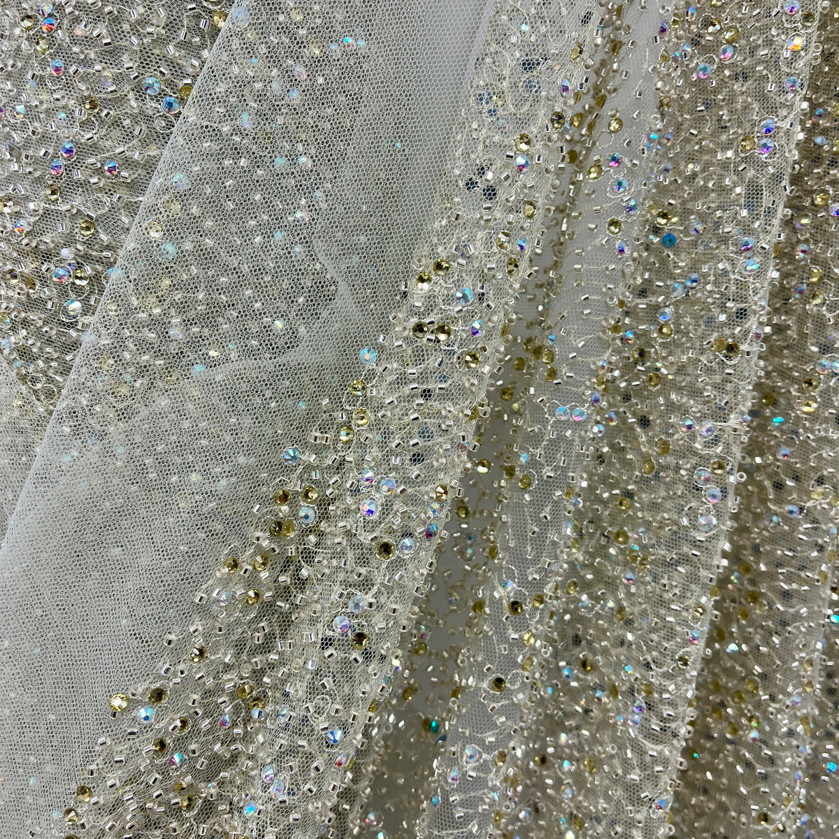 1 Yard Beaded Lace Fabric Embroidered on 100% Polyester Net Mesh, Elegant Sheer Textile