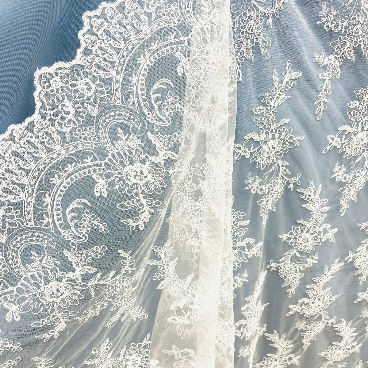 1 Yard Elegant Corded Bridal Lace Fabric on 100% Polyester Net Mesh, Embroidered Floral Design