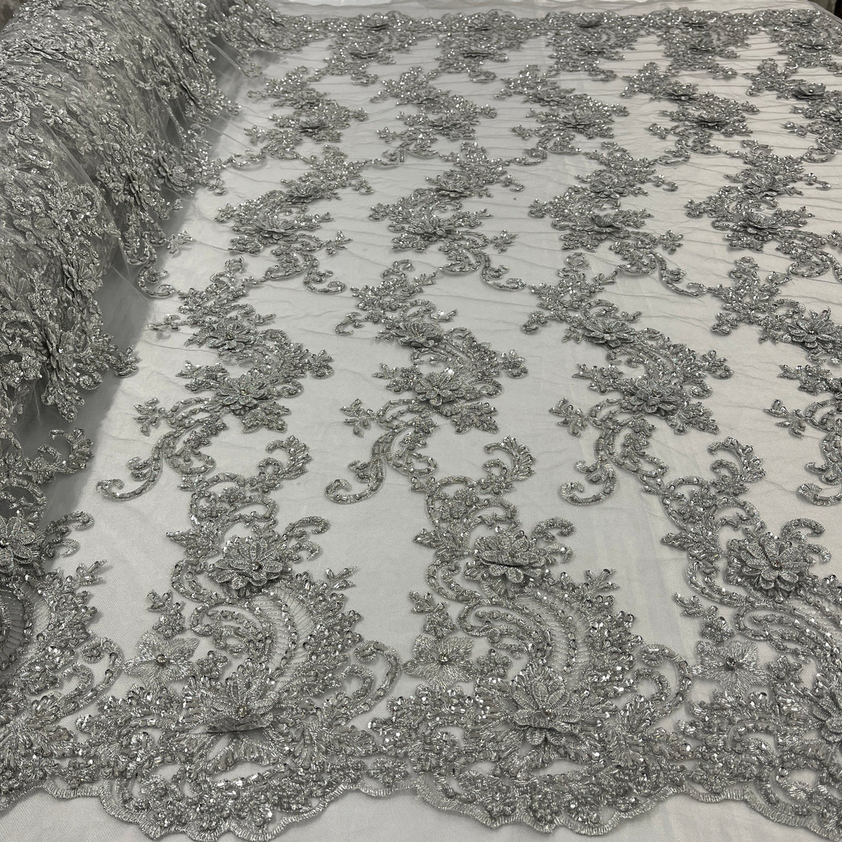 1 Yard Beaded 3D Floral Lace Fabric on Polyester Net Mesh, Dusty Rose, 52" Wide, Elegant Embroidered Lace Fabric