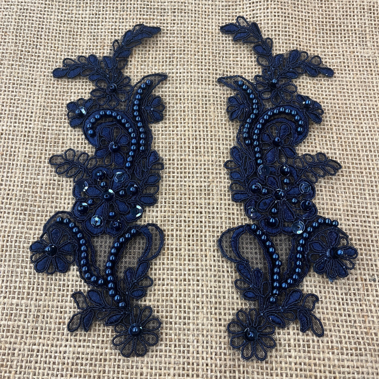 1 Pair Beaded & Corded Floral Lace Applique 9" x 2.5" Each Side