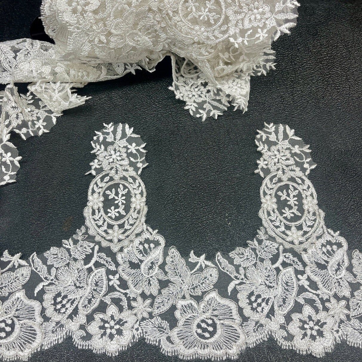 1 Yard Corded Embroidered Lace Trim 9" Wide 100% Polyester Net Mesh for Bridal & Evening Wear