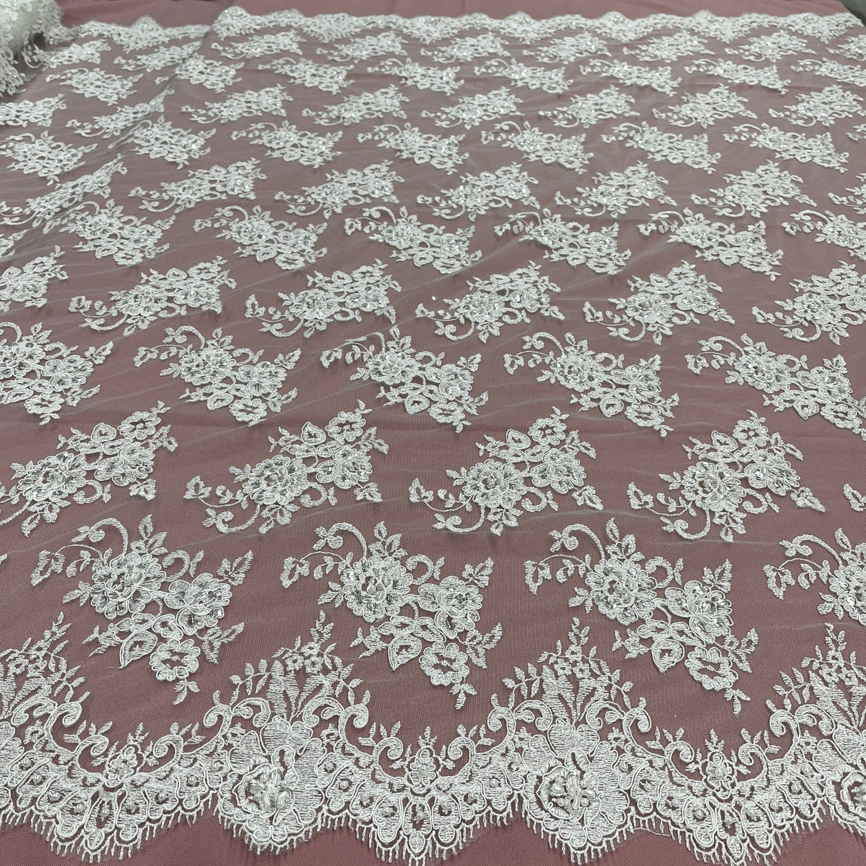 1 Yard Elegant Ivory Silver Beaded Lace Fabric on Polyester Net Mesh 54 inch Width