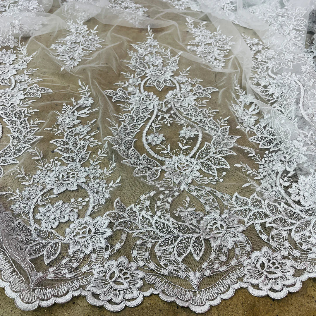 1 Yard Timeless Ivory Corded Bridal Lace Fabric Embroidered on Net Mesh 54 inch Width