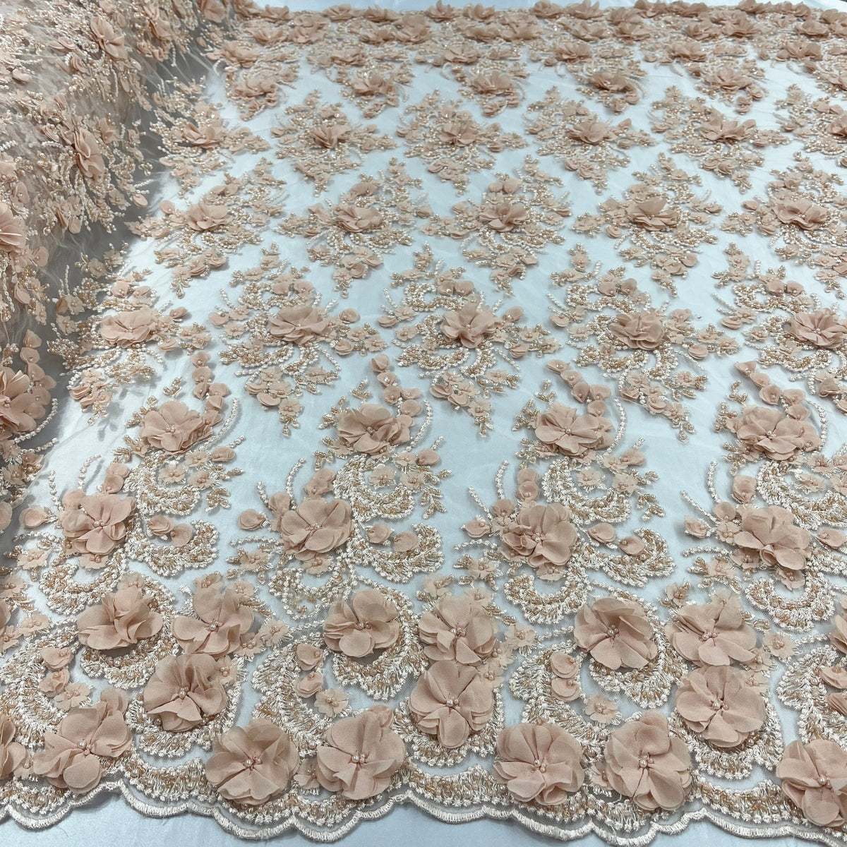 1 Yard Beaded 3D Floral Lace Fabric Embroidered on 100% Polyester Net Mesh 48" Wide