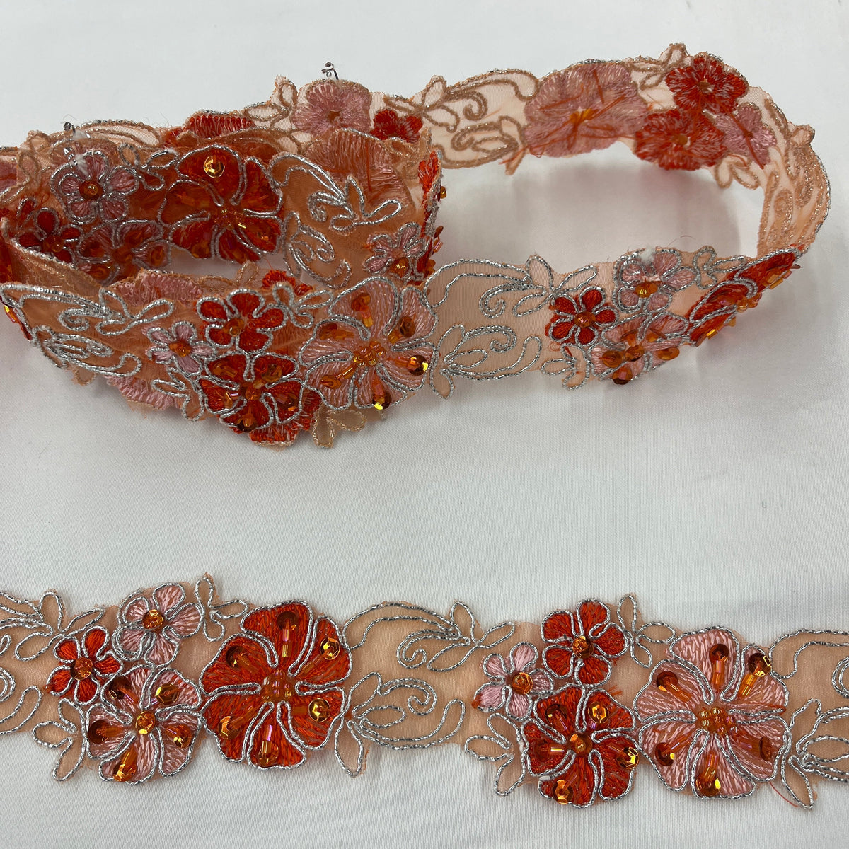 1 Yard Beaded & Corded Lace Trimming Embroidered on 100% Polyester Organza 1.5" Wide