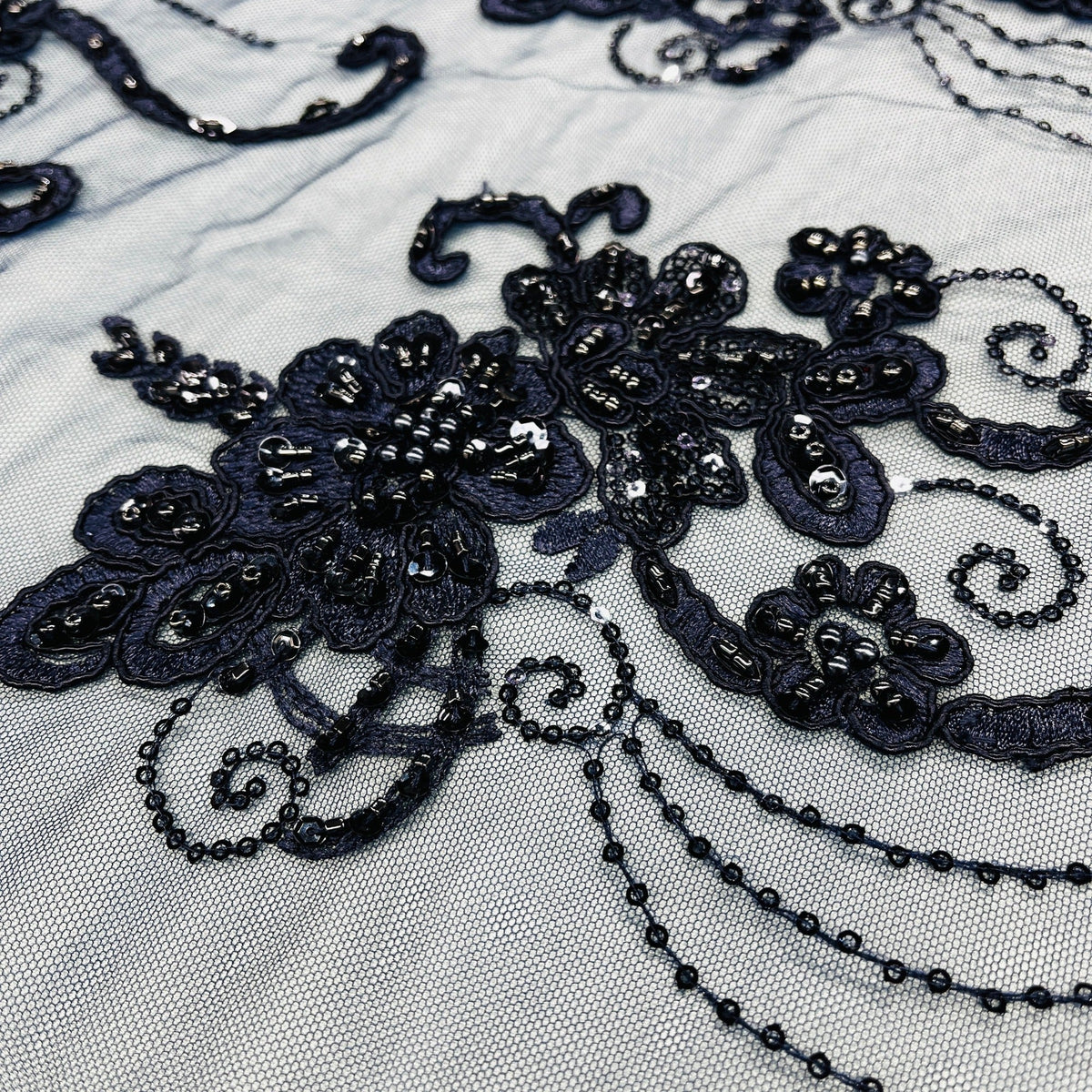 1 Yard Beaded Corded Lace Fabric on 100% Polyester Net Mesh, Elegant Embroidered Lace Material