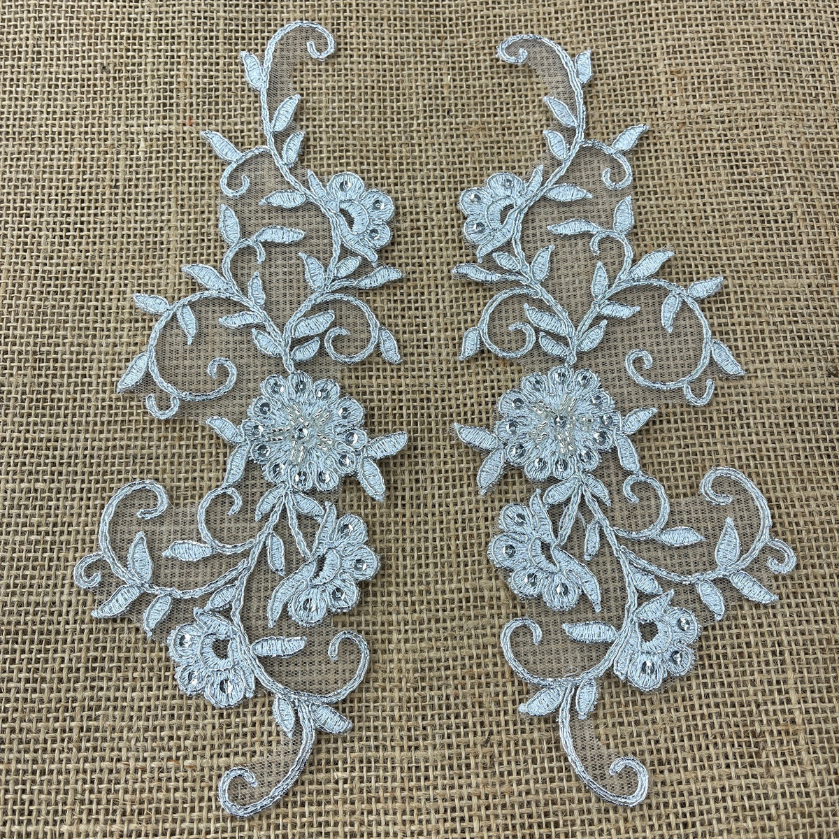 1 Yard Beaded and Corded Floral Lace Applique 9" x 2.5" Each Side Embroidered on 100% Polyester