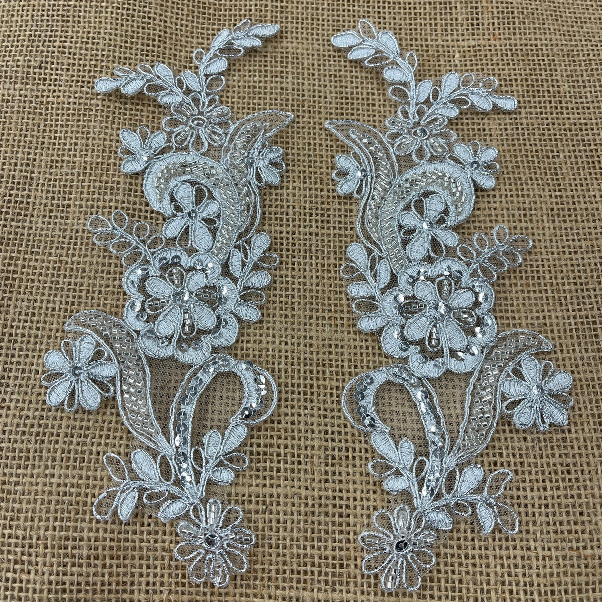 1 Pair Beaded & Corded Floral Lace Applique 9" x 2.5" Each Side