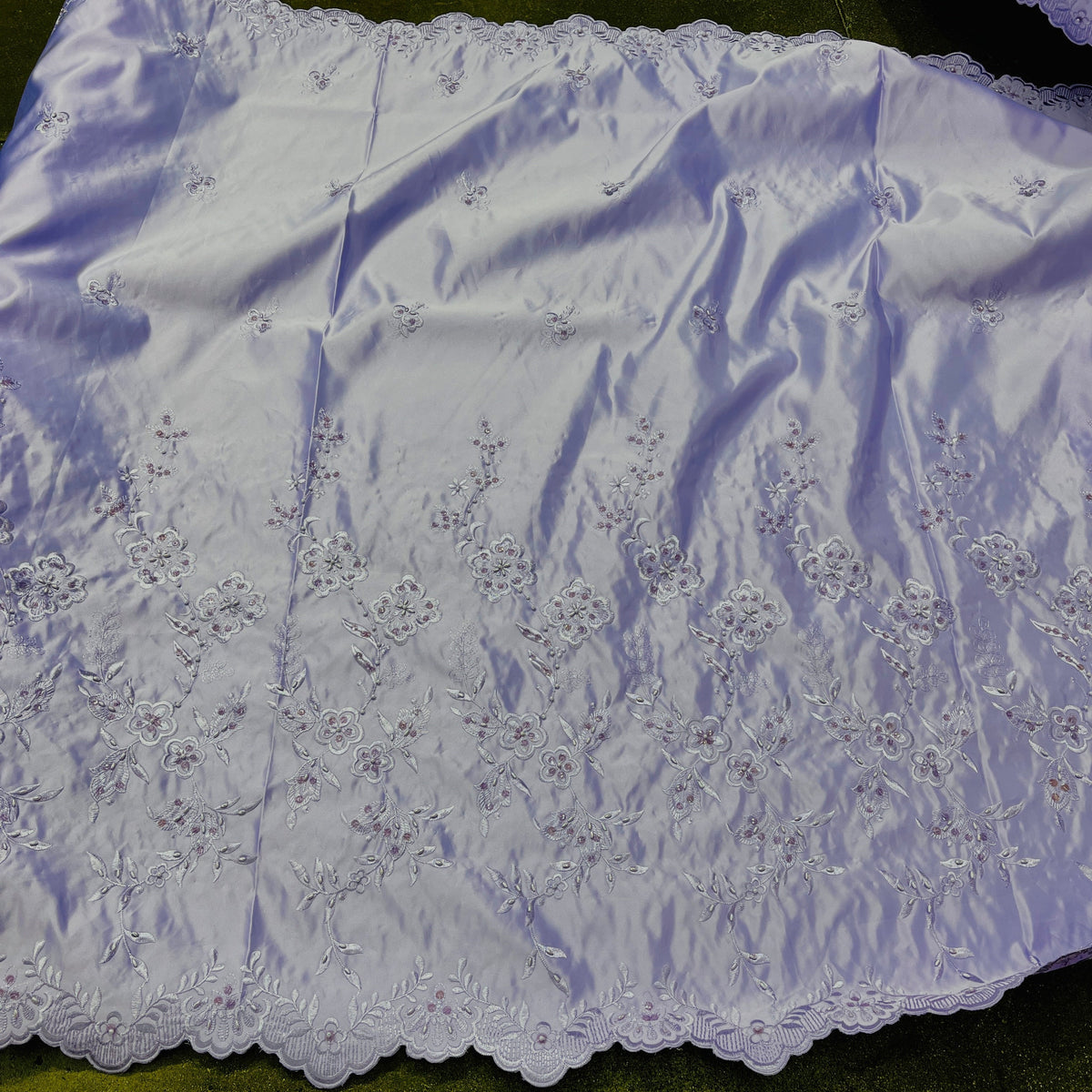 1 Yard Beaded Bridal Lace Fabric on 100% Polyester Satin, Elegant Embroidered Wedding Material