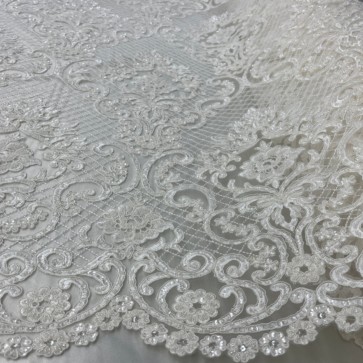 1 Yard Couture Beaded & Corded Bridal Lace with Sequins & Pearls Embroidered on Polyester Net Mesh, 54” Wide