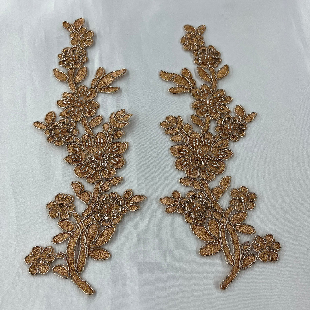 1 Pair Beaded & Corded Floral Lace Applique 10" x 2" Each Side