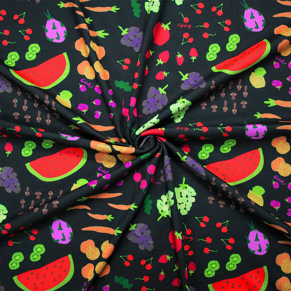 1 Yard Black Multi Fruit Veg Print Stretch Spandex 2x2 Rib Knit Fabric 61 Inches