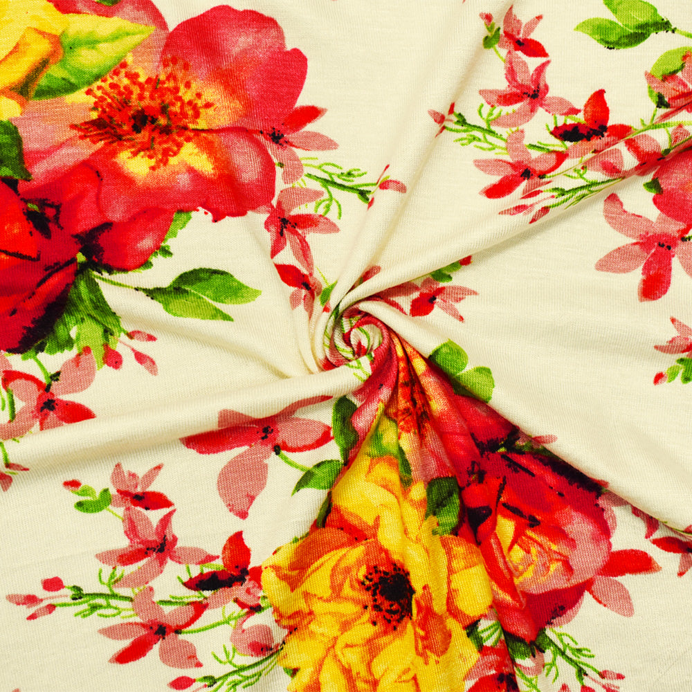 1 Yard Ivory Pink Multi Rayon Floral Printed Stretch Spandex Jersey Knit Fabric 64 Inches Wide