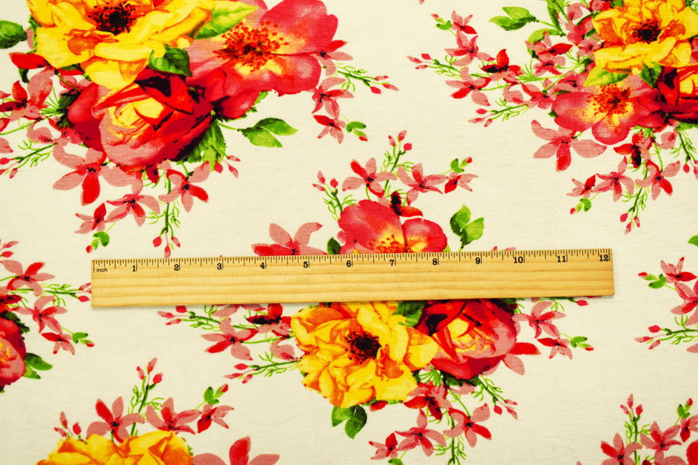 1 Yard Ivory Pink Multi Rayon Floral Printed Stretch Spandex Jersey Knit Fabric 64 Inches Wide