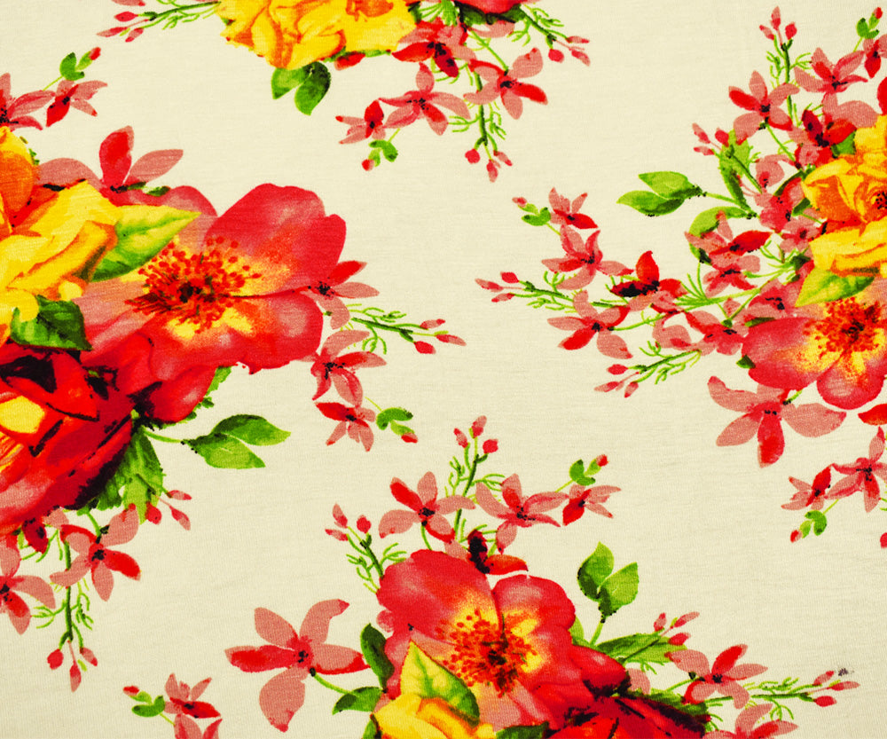 1 Yard Ivory Pink Multi Rayon Floral Printed Stretch Spandex Jersey Knit Fabric 64 Inches Wide