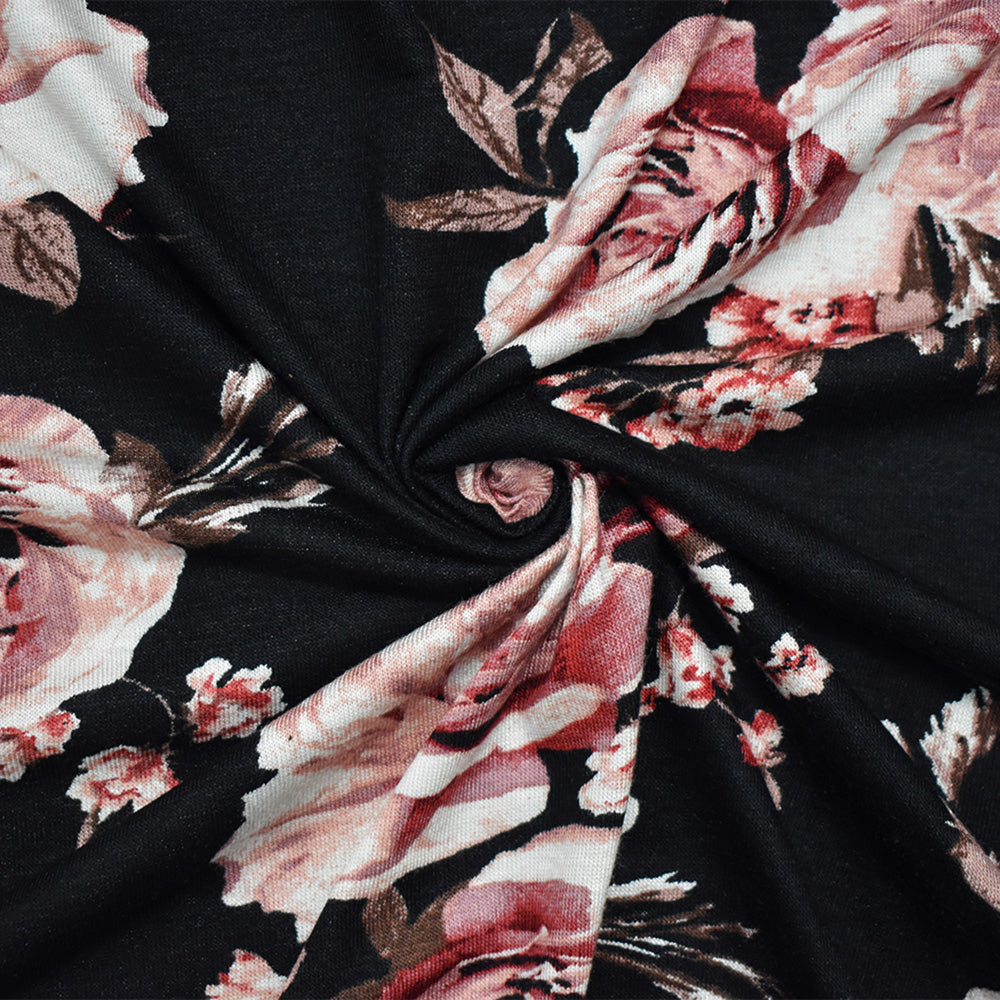 1 Yard Black-Pink-Multi Cotton Floral Printed Stretch Spandex Jersey Knit Fabric Lightweight Soft Apparel Fabric 64" Width