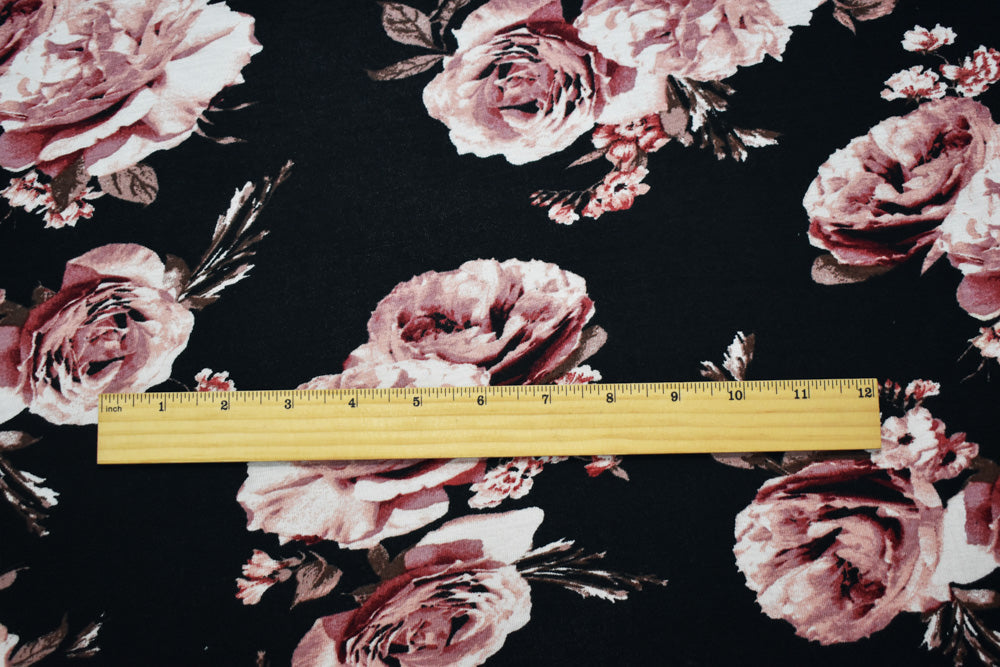 1 Yard Black-Pink-Multi Cotton Floral Printed Stretch Spandex Jersey Knit Fabric Lightweight Soft Apparel Fabric 64" Width