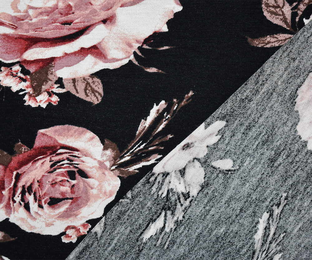1 Yard Black-Pink-Multi Cotton Floral Printed Stretch Spandex Jersey Knit Fabric Lightweight Soft Apparel Fabric 64" Width