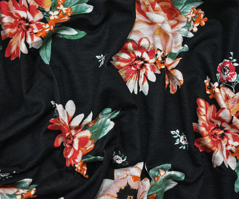1 Yard Multi-Color Black-Red Cotton Stretch Spandex Floral Jersey Knit Fabric Lightweight Soft Hand 62 Inches Width