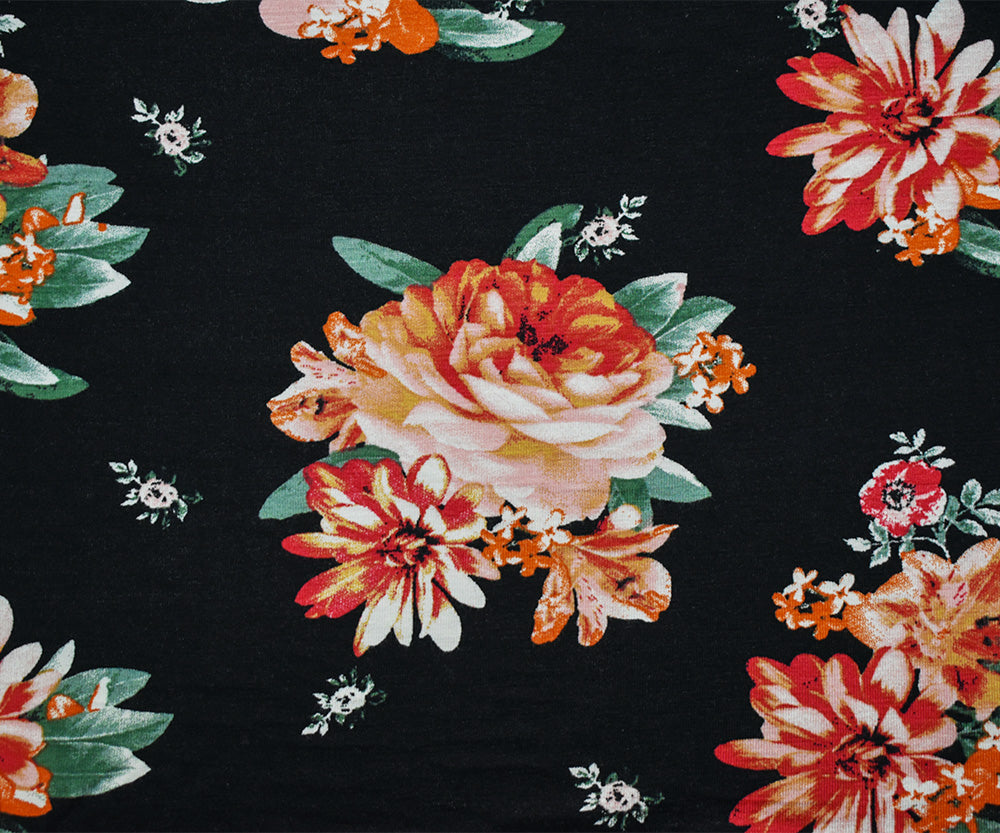1 Yard Multi-Color Black-Red Cotton Stretch Spandex Floral Jersey Knit Fabric Lightweight Soft Hand 62 Inches Width