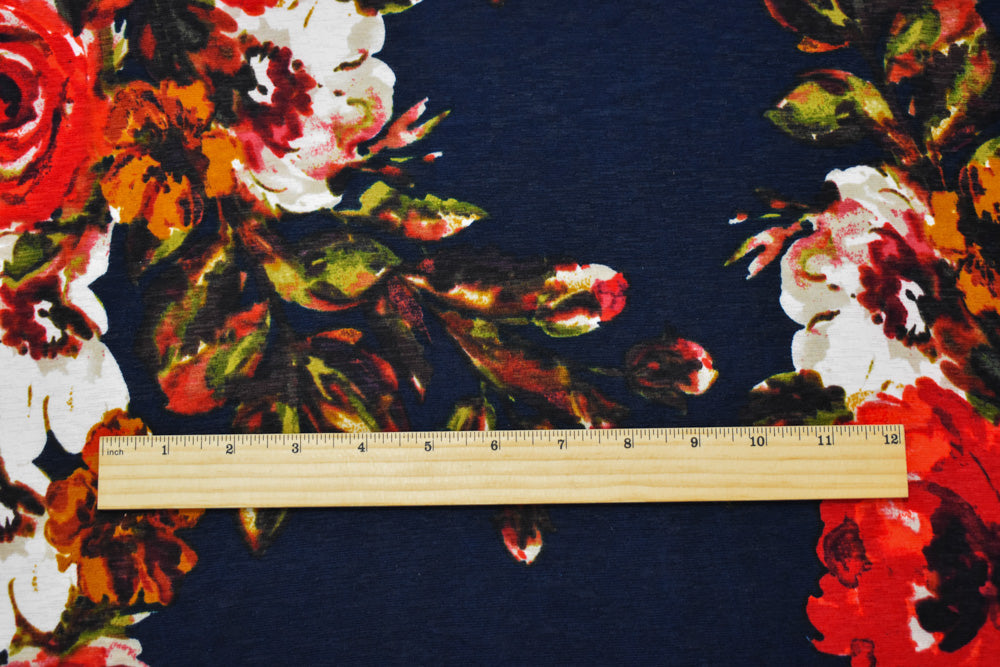 1 Yard Deep Navy Blue-Multi Polyester Floral Onion Skin Jersey Knit Fabric Soft Dry Hand Lightweight 59" Width