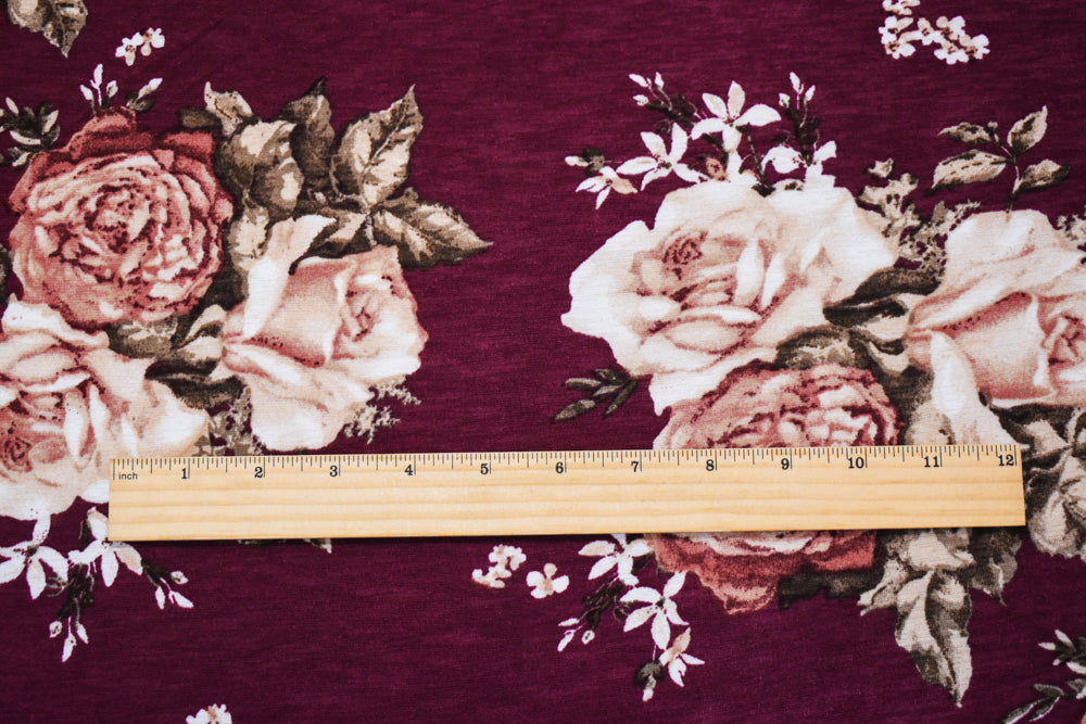 1 Yard Deep Burgundy Multi Poly Floral Onion Skin Jersey Knit Fabric Lightweight Slight Stretch 61 Inches Width